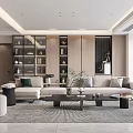 Modern Living Room Interior With Beige Sofa Coffee Table Bookshelf And Area Rug