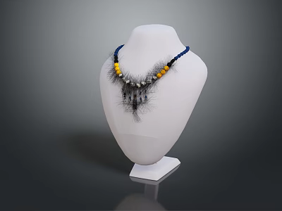 Stylish Decorative Necklace On White Mannequin With Blue Yellow Beads And Black Feather Accents 3d model