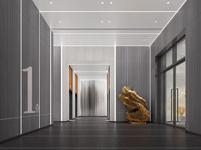 Modern Reception Area Lobby With Gold Sculpture Recessed Lighting And Glass Doors 3d model