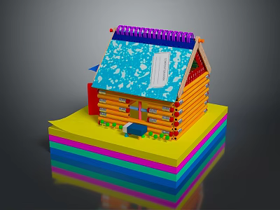 Modern Handmade Small House Model With Colorful Materials Wooden Strip Structure And Blue Snowy Roof 3d model