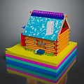 Modern Handmade Small House Model With Colorful Materials Wooden Strip Structure And Blue Snowy Roof