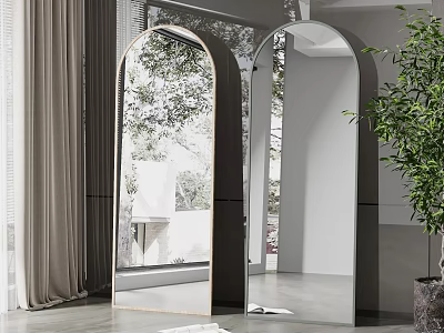 Modern Arched Mirrors Indoor Decor With Plant Curtain And Outdoor View Reflection 3d model