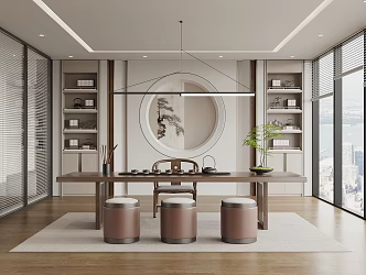 New Chinese Style Tea Room Tea Table and Chair Tea Room Cabinet Office Tea Room Bookcase Office Chandelier 3d model