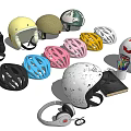 Collection of Various Helmets and Accessories Including Notebook Colored Pencils and Headphones