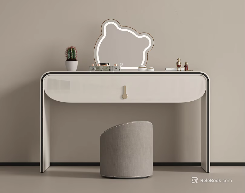 Modern Dressing Table With Bear Shaped Mirror Cosmetics Small Potted Plant And Gray Stool 3d model 