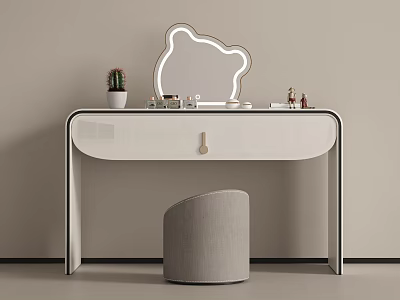 Modern Dressing Table With Bear Shaped Mirror Cosmetics Small Potted Plant And Gray Stool 3d model