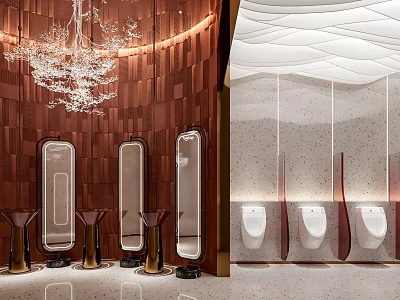 Modern Hotel Bathroom Interior Design With Wooden Walls Mirrors Chandelier And Urinals 3d model