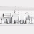 Stylish Modern Kitchenware Display With Wooden Cutting Boards Ceramic Containers And Glass Bottles