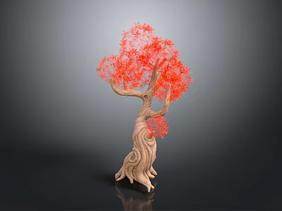 Artistic Tree With Red Leaves And Wooden Trunk On Dark Background 3d model