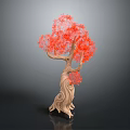 Artistic Tree With Red Leaves And Wooden Trunk On Dark Background