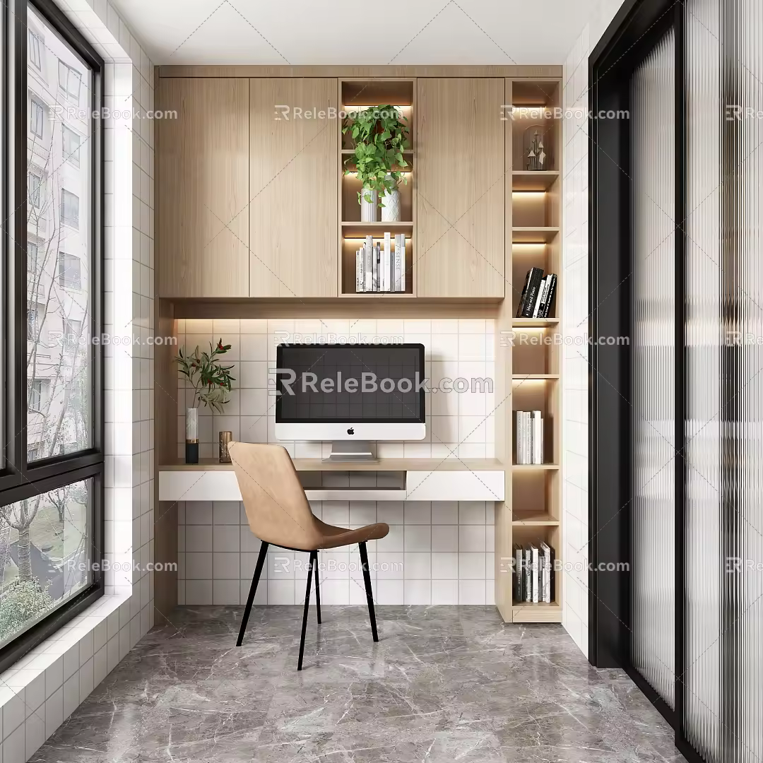 Nordic Balcony Writing Desk Bookcase 3d model