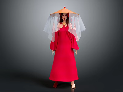Elegant Game Movie Character In Red Robe With Orange Conical Hat And Transparent Veil 3d model