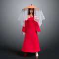 Elegant Game Movie Character In Red Robe With Orange Conical Hat And Transparent Veil