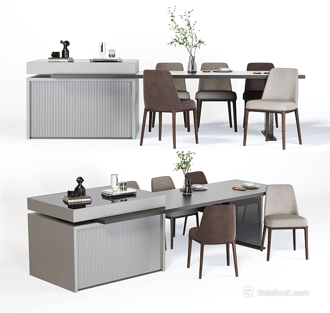 Modern Dining Table Set With Mixed Chairs Striped Cabinet And Decorative Plant 3d model