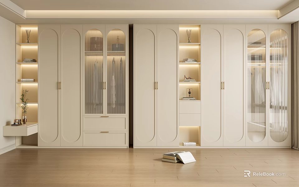 Modern White Wardrobe Design with Glass Doors Illuminated Shelves and Hanging Sections 3d model 