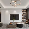 Modern Living Room Interior Design With Circular Pendant Lights Beige Sofa And Round Coffee Tables