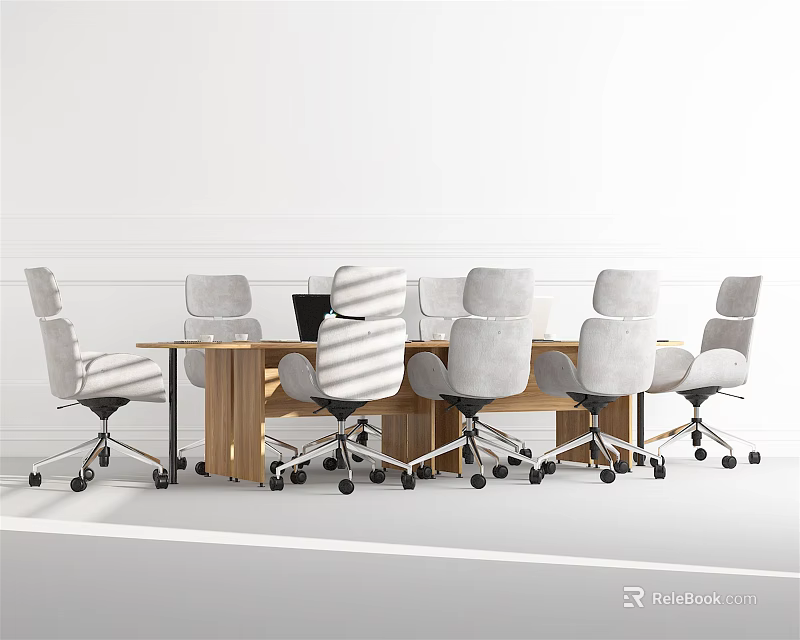 Modern Wooden Conference Table With Ergonomic Gray Office Chairs In Minimalist White Space 3d model 