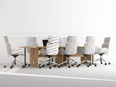 Modern Wooden Conference Table With Ergonomic Gray Office Chairs In Minimalist White Space 3d model