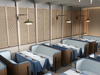 Restaurant Interior With Wooden Partitions Blue Seats Dining Tables With Blue Tablecloths And Pendant Lights 3d model