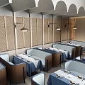 Restaurant Interior With Wooden Partitions Blue Seats Dining Tables With Blue Tablecloths And Pendant Lights