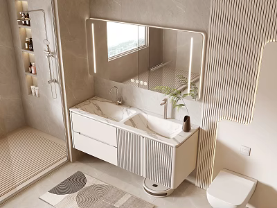 Modern Bathroom Interior With Double Vanity Marble Counter Mirror Plant And Toilet 3d model