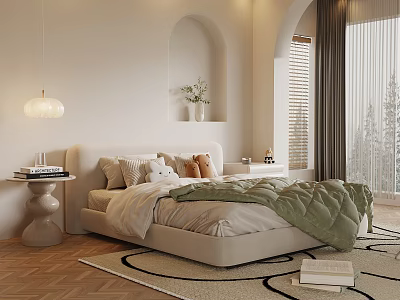 Serene Beige Bedroom Interior With Arched Niches Pendant Light Cozy Bedding And Wooden Floor 3d model