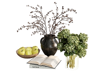 Glass Vase Plant Green Plant Potted Flower Hydrangea Plum Books Apple Plate Fruit 3d model