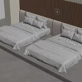 Modern Bedroom with Double Beds Wooden Headboard Round Wall Lamp White Bedding and Beige Blanket