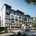 Modern Townhouse Exterior With Multiple Floors Balconies Greenery And Street Lamps