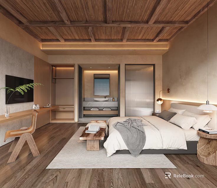 Modern Hotel Guest Room With Wooden Ceiling King Bed Desk And Flat Screen TV 3d model 