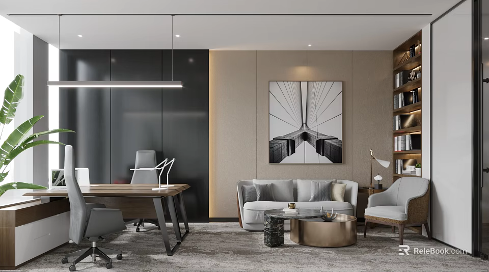 Modern Office Interior With Desk Sofa Bookshelf Wall Art And Lighting Fixtures 3d model 