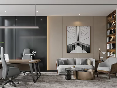 Modern Office Interior With Desk Sofa Bookshelf Wall Art And Lighting Fixtures 3d model