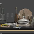 Elegant Tableware Set With Wooden Tray Glass Wine Glasses Ceramic Bowls And Decorative Plant
