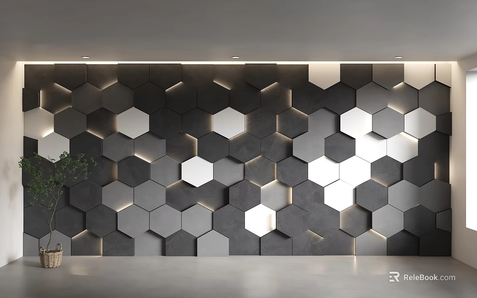 Modern Sofa Background Wall Design With Gray White Hexagonal Modules And Lighting Effects 3d model 