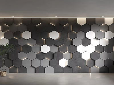 Modern Sofa Background Wall Design With Gray White Hexagonal Modules And Lighting Effects 3d model
