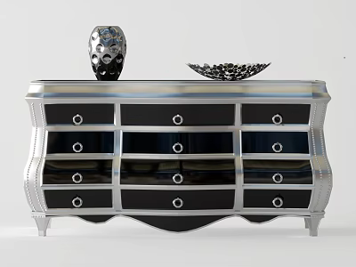 Modern Console Cabinet with Black Drawers and Silver Frame Decorative Vase and Bowl on Top 3d model