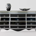 Modern Console Cabinet with Black Drawers and Silver Frame Decorative Vase and Bowl on Top