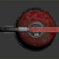 Red Old Fire Extinguisher With Worn Surface And Metal Handle On Gray Background