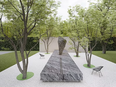 Outdoor Sculpture Display With Stone Platform Metal Chairs and Lush Green Trees 3d model