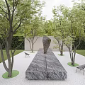 Outdoor Sculpture Display With Stone Platform Metal Chairs and Lush Green Trees