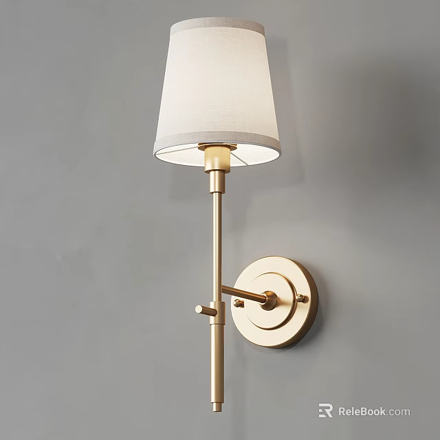 Elegant Modern Wall Lamp With White Lampshade And Gold Metal Bracket Mounted On Gray Wall 3d model 