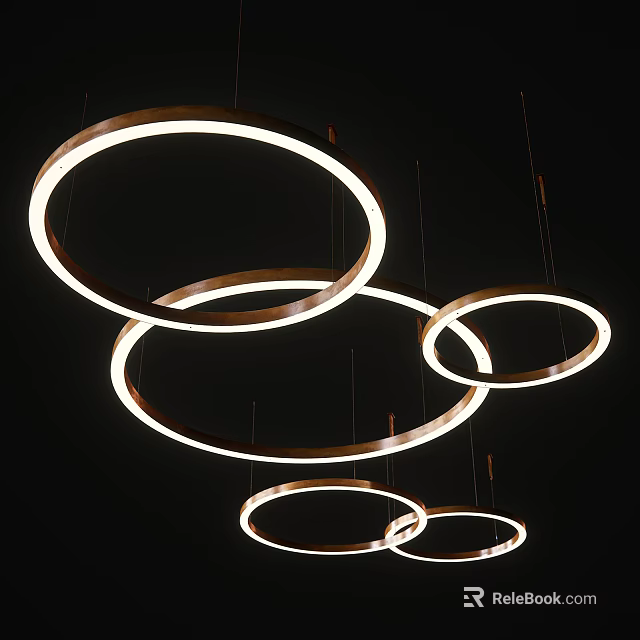 Modern Decorative Ring Shaped Illuminated Chandeliers Hanging On Black Background 3d model 