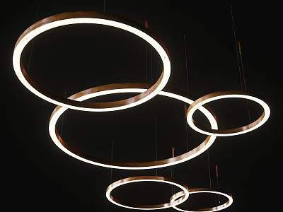 Modern Decorative Ring Shaped Illuminated Chandeliers Hanging On Black Background 3d model