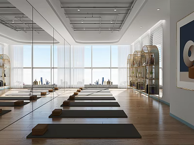 Spacious Yoga Studio With Natural Light Wooden Floors Neatly Arranged Mats And Mirrors 3d model