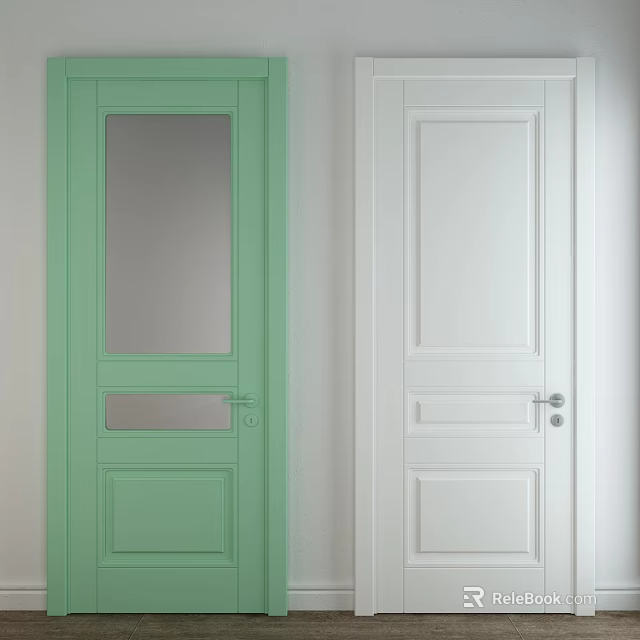 Green And White Hinged Interior Doors With Glass And Solid Panel Design 3d model