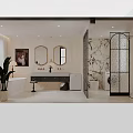 Elegant Bathroom Interior With White Bathtub Black Vanity Marble Countertop And Gold Fixtures