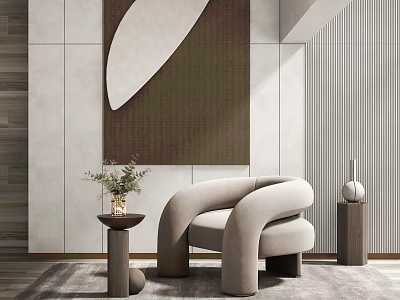 Modern Beige Leisure Chair With Curved Armrest Side Table Green Plant And Decorative Painting 3d model
