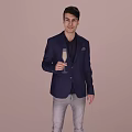 Man in Navy Blue Blazer Holding Champagne Glass Against Light Brown Background