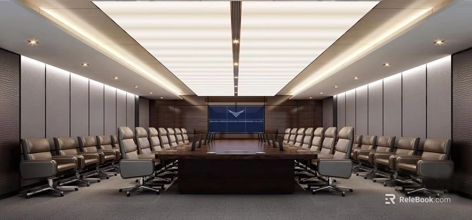 Modern Conference Room Interior With Large Table Office Chairs And Wooden Walls 3d model 