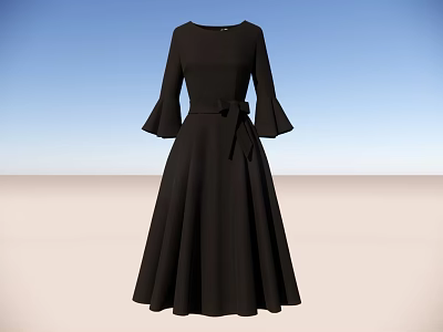 Black A Line Mid Length Dress With Bell Sleeves And Waist Belt 3d model